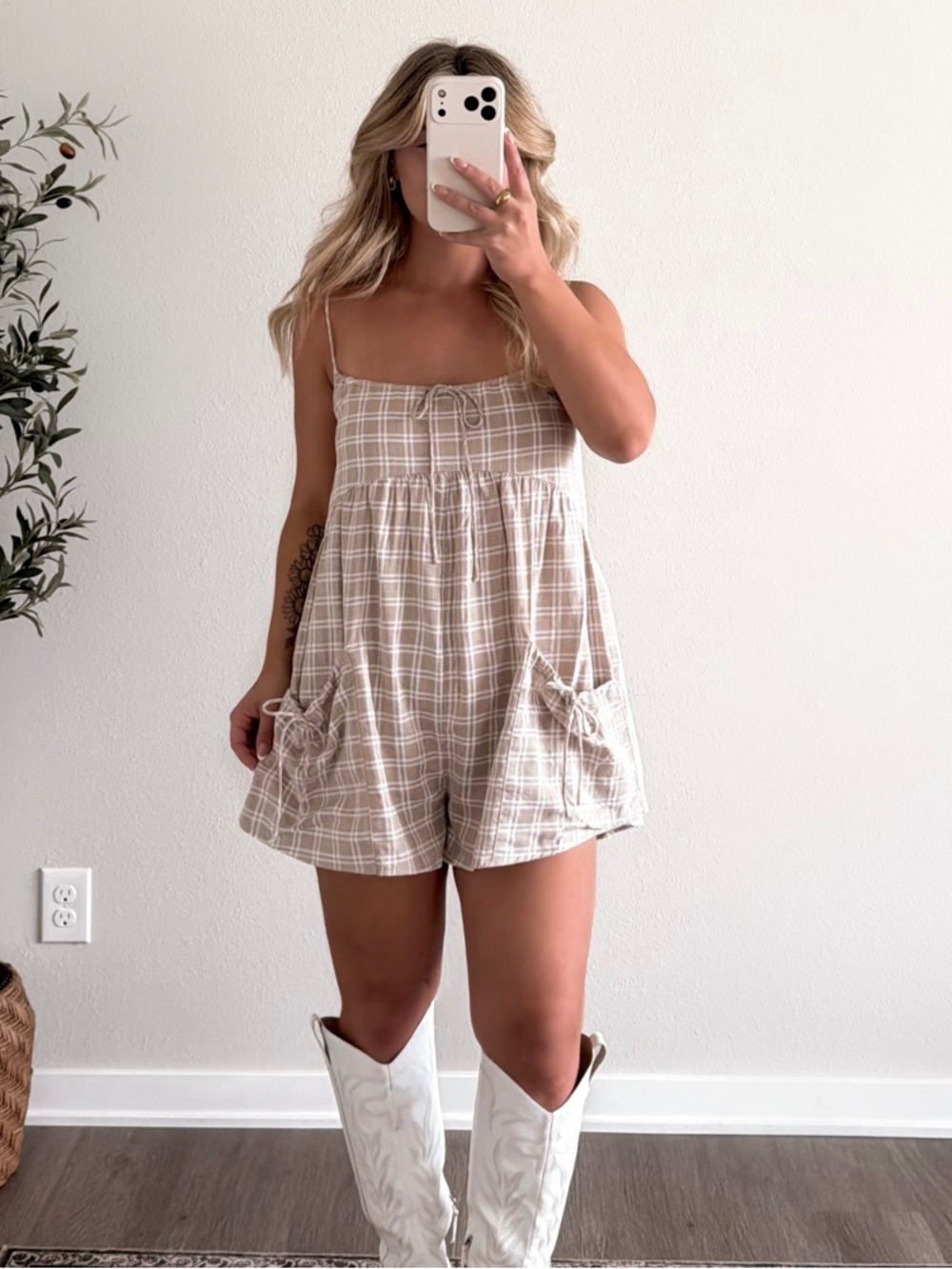 Kelsis Bramble Grid Print Romper in Beige Plaid